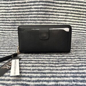 Rebecca & Rifka‎ Wristlet Wallet w/Phone Holder Zip Around Black Faux Leather Nw